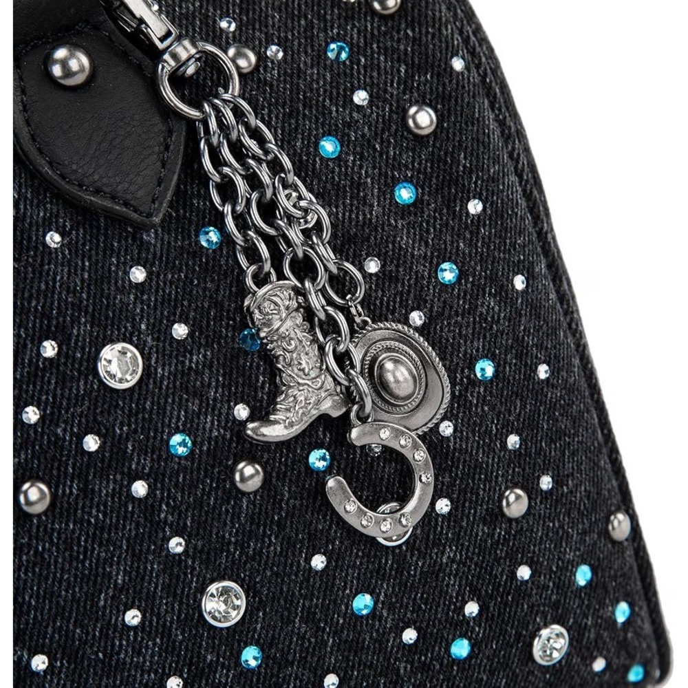 Montana West Wrangler Rhinestone Denim Barrel Bag Crossbody Satchel Purse Black - Picture 7 of 8